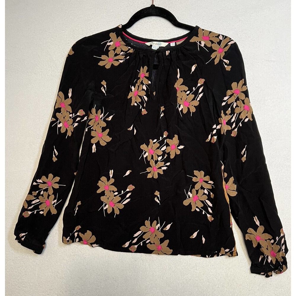 BODEN Women Top Size 4 Black Brown Pink Floral Keyhole Blouse Long Sleeve